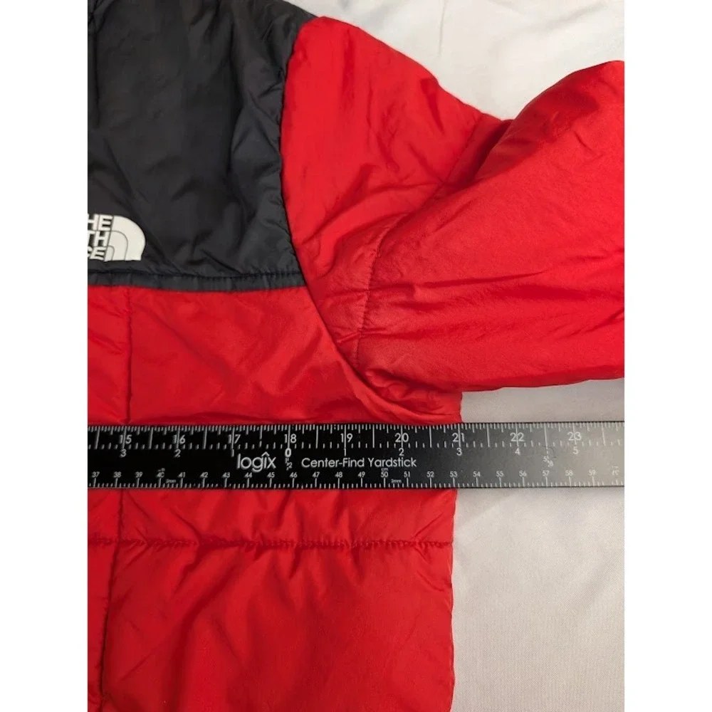 The North Face Reversible Quilted Puffer Jacket Red Black Plaid Hooded Boy's XL